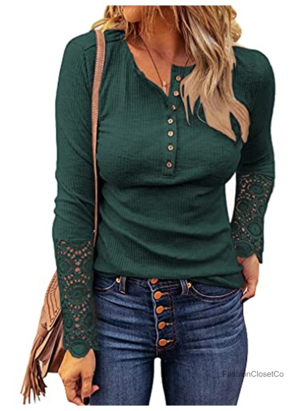Womens Lace Henley Top Long Sleeve Ribbed Knit Slim Fit Casual